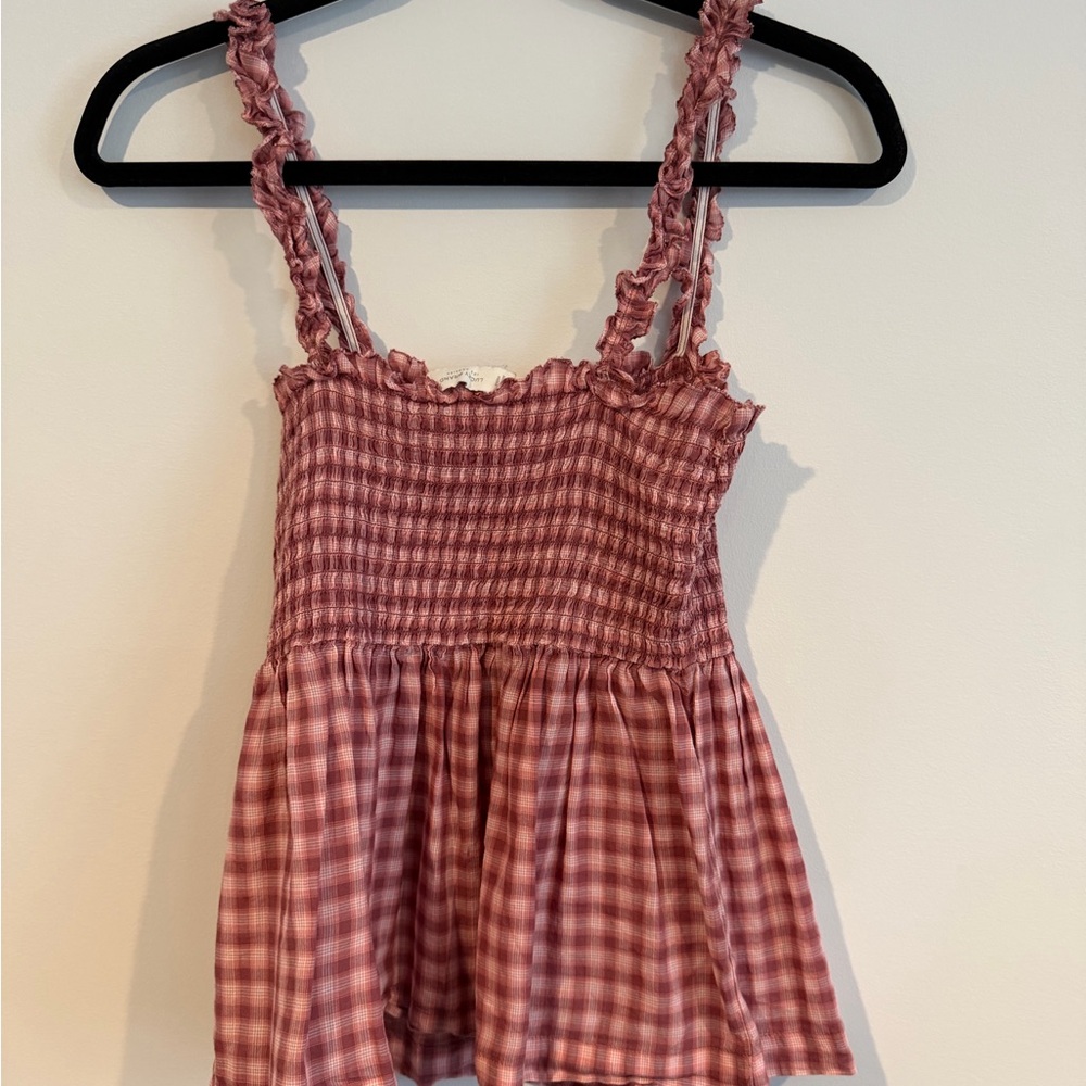 Lucky Brand Mauve Pink Gingham Smocked Tank Top